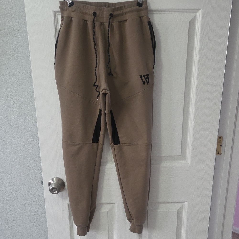 Men's Casual Tan Joggers with Black Accents